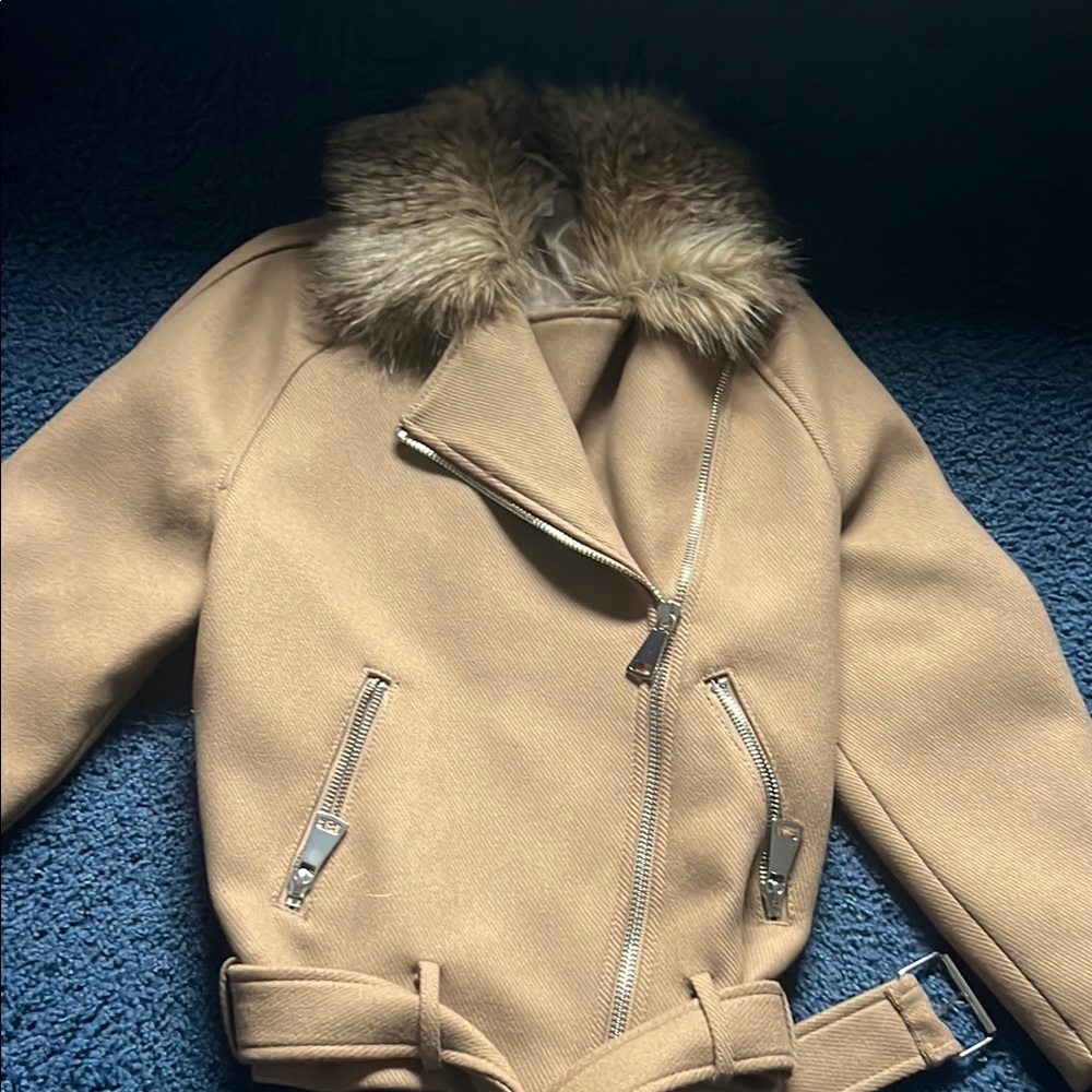 Tan Faux Fur Collar Moto Jacket